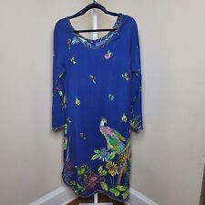 Vintage 70s Maurice Blue Nylon Peacock Floral Print Dress Psychedelic Hippie picture
