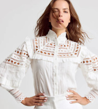 The Shirt Rochelle Behrens Danielle Eyelet Crochet Peasant Button Shirt White XS picture