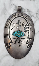 Old pawn Vintage Navajo Yei Turquoise Chip Inlay Pendant - Navajo Words picture