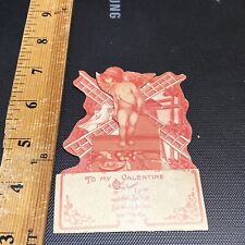 Vtg die cut fold out Valentines Card red Cupid windmill Victorian cherub Red picture