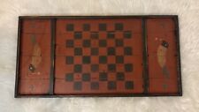 Antique Wooden Folk Art Primitive Checkerboard Game Hand Painted Cottage Birds picture