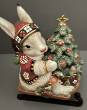 Fitz & Floyd Christmas Lodge Rabbit Bunny Tree Sled Cookie Candy Serving Jar picture