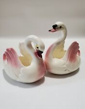 Vintage Maddux Of California Glazed Pottery Swan Planters Pair, Pink & White picture