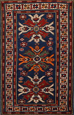 Vintage Blue Geometric Kazak Vegetable Dye Rug 3x5 Handmade Wool picture