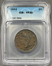 1841 Braided Hair Large Cent 1c - ICG VF30 - Choice Surfaces Small Date picture