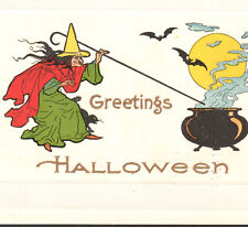 Witch Cauldron 1912 US Greetings Halloween Gibson Art GA38 Cat Bat Moon PostCard picture