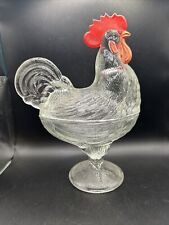 Vintage L.E. Smith Clear Glass Standing Rooster Candy Dish w/Lid Art Glass 9