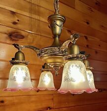 Antique 1910s 20's Ceiling Light  lamp fixture victorian Nouveau chandelier Gold picture
