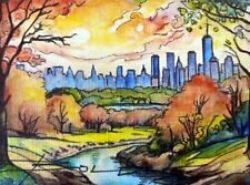 ORIGINAL Hand Painted Pen and Watercolor Art Card ACEO Big City Park picture