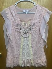 PRETTY ANGEL Women's XL Pink Layered Lace Blouse Top Shirt FRINGE Beads Floral picture