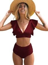 SPORLIKE Women Ruffle High Waist Swimsuit Push Up Tropical Bikini(Solid picture