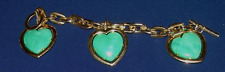 Vintage 70's Goldtone Large Link Bracelet Chunky with Green Plastic Heart Charms picture