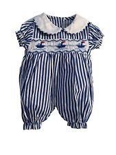 Adorable Hand Smocked Summer Doll Romper Striped Fabric Boats Classic  10” picture
