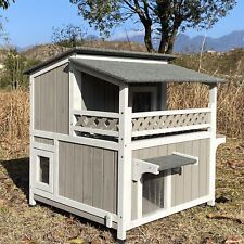 Two Story Cat House Outdoor Wooden Feral Cat Shelter with Balcony & Escape Door picture