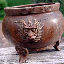 Fine antique Chinese bronze censer tri-footed auspicious  faces-Qing Dynasty picture