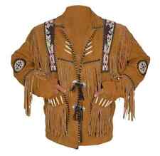 Men Western Style Cowboy leather jacket with Fringe Suede Beaded Coat-Tan Brown picture