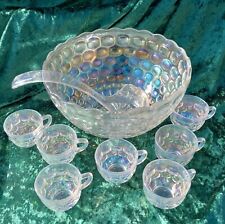 Vintage Federal Glass Iridescent Rainbow Hued Thumbprint Punch Bowl with 7 cups  picture