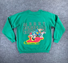 Vintage Looney Tunes Mens Sweater Large Green Merry Christmas Santa Sleigh Puff picture
