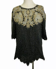Laurence Kazar Vintage Silk Top Womens 1X Beaded Evening Wear Black Gold Pearls picture
