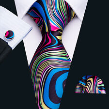 Barry Wang Mens Blue Striped Tie Multi Colours Silk Abstract Necktie Set Party picture