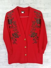 Vintage Red Black MCM Cardigan Sweater Medium M 1980s By Linda Lori Made In USA picture