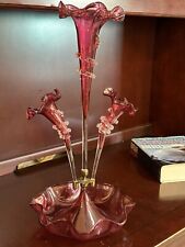 Victorian Cranberry Glass. Three Branch Epergne With Clear Glass Twist Detail. picture