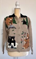 Vintage Design Options Size Small Women’s Brown Sweater Cardigan Bears In Forest picture
