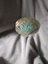 Native American Turquoise Coral Chip Inlay Tribal Sterling Silver Belt Buckle picture