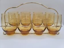 Vintage Libbey Set 8 Glass Tumblers Folding Carrier Amber Gold Color MCM Libby picture