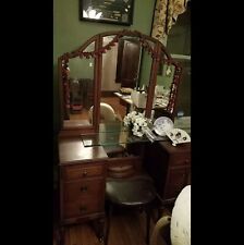 VTG 1920s Antique Wood Vanity Trifold Mirror Leather Stool Dress Table 6 Drawer  picture