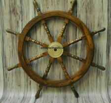36 Inch Big Ship Steering Wheel Wooden Antique Teak Brass Nautical Pirate Ship's picture