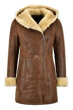 Ladies Sheepskin Jacket Copper Vintage Real Shearling Hooded B3 Long Jacket NV39 picture
