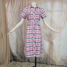 Vintage 1950s Dress Housedress Cotton Pink Gray Pinup Button Up Collar  picture