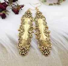 BIG Antique Gold Plated Brass Victorian Style Filigree Floral Earrings picture