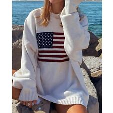 Y2K Women Winter Vintage Ladies Luxury American Flag Knit Sweater Aesthetics Lon picture