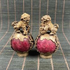 A Pair Tibet Silver Inlaid old Jade Handmade Statue ball Lion Dragon BA0350 picture