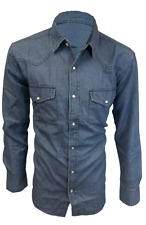 Mens Denim Western Shirt Light Blue Wash Cotton Pearl Snap Up Buttons 2 Pockets picture