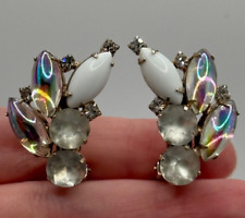 Vintage Hobe Signed Milk Glass AB Rhinestone Clip On Earrings picture