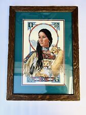Vintage Native American “Spirit Of The Cougar” Framed Cross Stitch Needlework picture