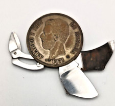VTG POCKET KNIFE, COIN HANDLE -SPAIN 5 PESETAS 1871-, 2 BLADES & SCISSOR c1950 picture