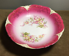 Antique Serving Bowl, Lovely German Porcelain Hot Pink & Yellow Roses Gold Trim picture