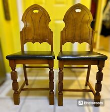 Two Early 1900s Solid Oak Steeple Back Chairs Leather Seats Gothic Style picture