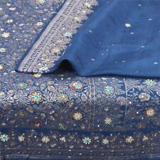 Sanskriti Vintage Blue Sarees Pure Satin Silk Hand Beaded Brocade Sari Fabric picture