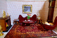 Beautiful victorian deep burgany sofa and chair, fireplace, clock rug. picture