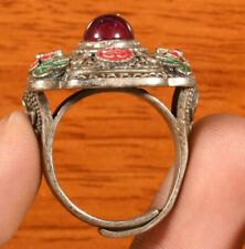 3CM Antique Old Silver Red Gems Flower Pattern Jewelry Hand Finger Ring Ringer picture