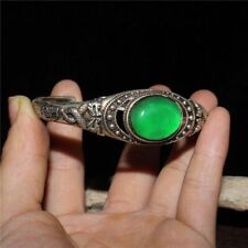 Chinese Old Craft Made Green Jade Inlaid Old Tibetan Silver Bracelet picture