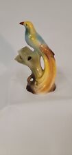 Beautiful Long Tailed Bird Figurine Vintage Czech Pottery Shiny Yellow and Blue picture