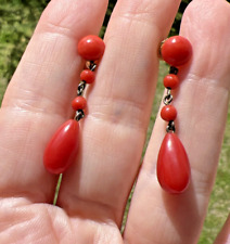 ANTIQUE ART DECO UNDYED RED CORAL 14K GOLD  & SILVER DANGLE EARRINGS  38mm picture