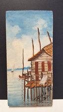 J Cirilo Bahia Signed Oil Painting On Wood Brazil Stilt House Water Boat Vtg '82 picture