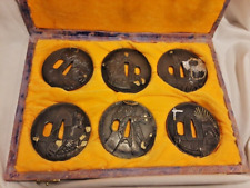 Rare Vintage Collectors set of (6) Katana Tsuba in relief with Display Case picture